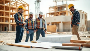 Contractors representing the southern california contractors association collaborating at a construction site.