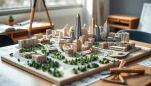 Architekturmodellbau Köln mit detailliertem städtischen Modell und Umgebung.