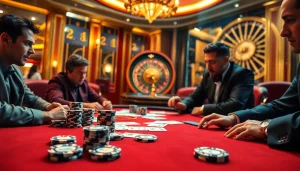 Engaging in רמי אונליין at a luxurious casino table with vibrant poker chips and high-end cards.