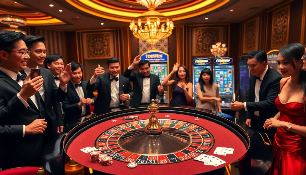 A thrilling gaming scene at Trang Chủ OKWIN featuring excited players around a luxury casino roulette table.
