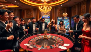 A thrilling gaming scene at Trang Chủ OKWIN featuring excited players around a luxury casino roulette table.