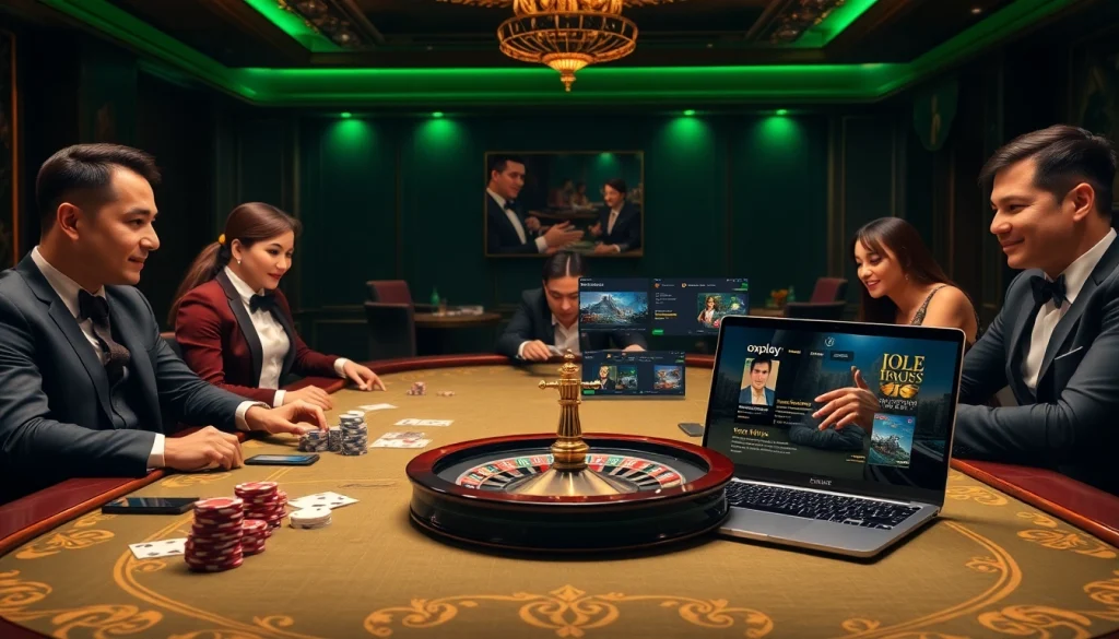 Gamblers enjoying a thrilling game at the luxurious oxplay casino table, complete with chips and cards.