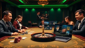 Gamblers enjoying a thrilling game at the luxurious oxplay casino table, complete with chips and cards.