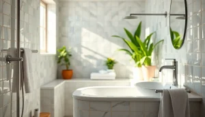 Sunny shower setup in a cozy, elegantly decorated bathroom with natural lighting.