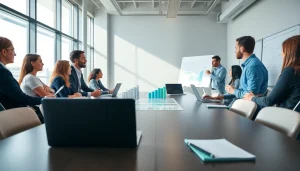 Engaging professionals discussing growth strategy trends in a modern office environment.