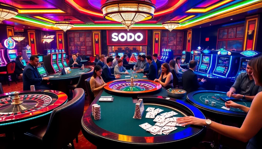 SODO CASINO showcases an exciting atmosphere with poker tables, roulette action, and vibrant slot machines.