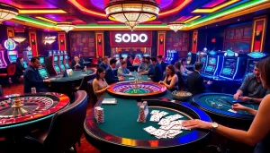 SODO CASINO showcases an exciting atmosphere with poker tables, roulette action, and vibrant slot machines.