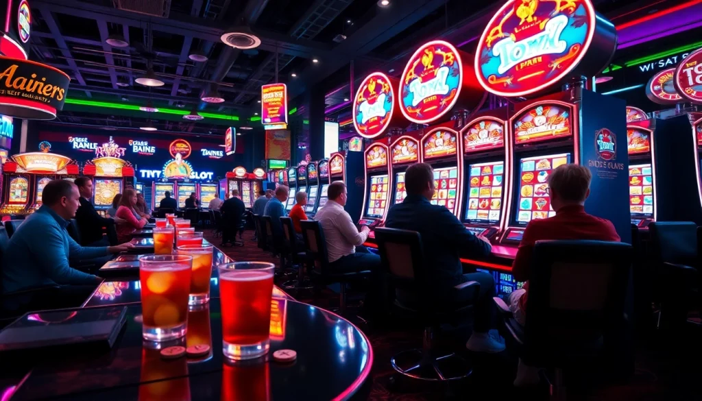 Menangkan slot depo 1k dengan suasana kasino yang hidup dan mesin slot berwarna cerah.