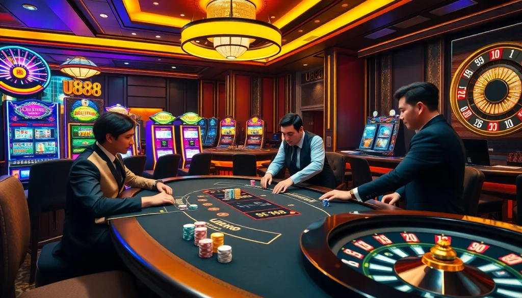 U888 casino scene featuring colorful poker chips and elegant dealers at a vibrant poker table.
