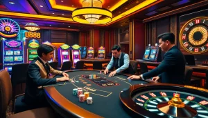 U888 casino scene featuring colorful poker chips and elegant dealers at a vibrant poker table.