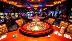 Players enjoying a vibrant casino experience at RR88, with roulette, poker chips, and slot machines.