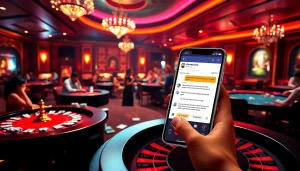 Dewacasino live chat interface amidst an exciting luxury casino scene with poker tables and roulette wheels.