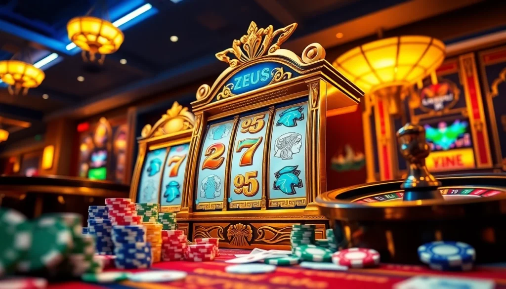 Rasakan sensasi Slot Zeus melalui adegan kasino mewah yang menampilkan mesin megah dan elemen perjudian yang hidup.