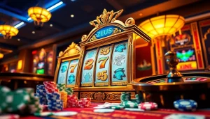 Rasakan sensasi Slot Zeus melalui adegan kasino mewah yang menampilkan mesin megah dan elemen perjudian yang hidup.