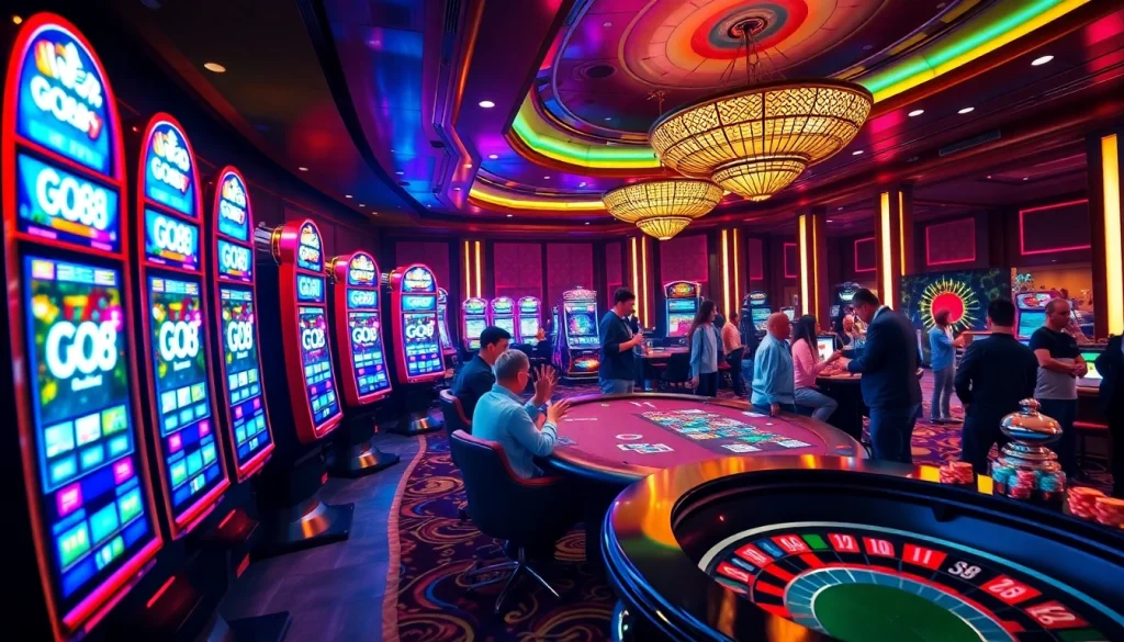 Experience the excitement at GO88 with vibrant slot machines and intense poker tables in a luxurious casino setting.