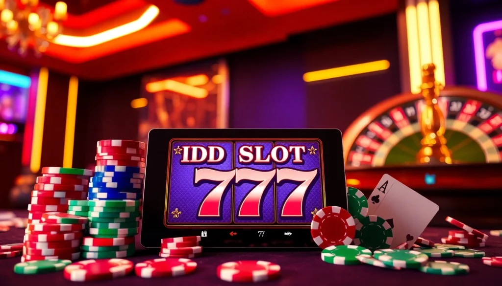 IDN Slot 777 online gaming scene with vibrant casino elements like slot machines and poker chips.