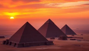 Capture the majestic piraminds of Giza against a vibrant sunset backdrop, highlighting their ancient splendor.
