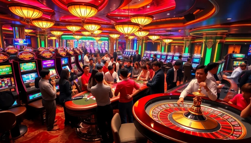 MM88 casino scene showcasing players engaged in thrilling games with vibrant slot machines.