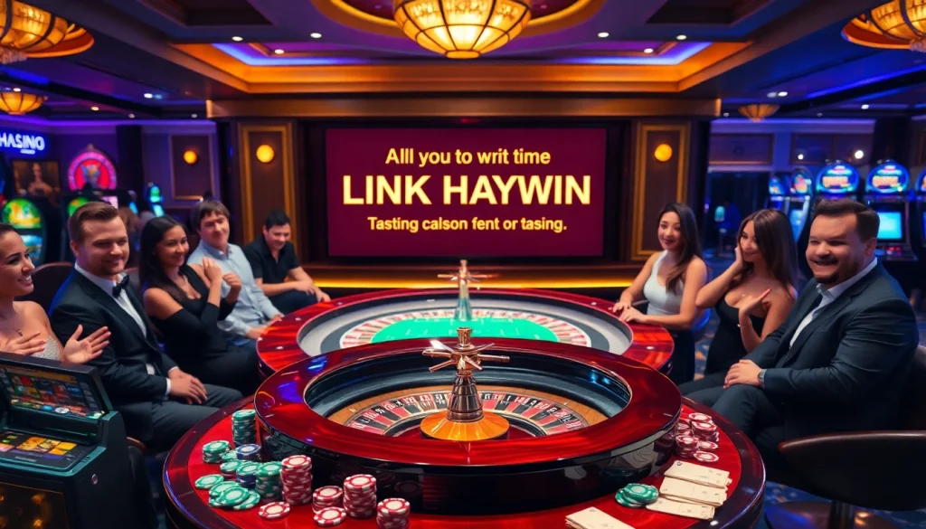 Experience the thrill of Link Haywin with an elegant casino setup featuring roulette and poker games.