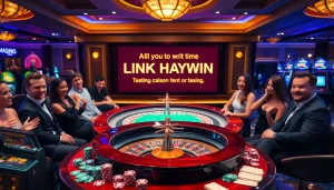 Experience the thrill of Link Haywin with an elegant casino setup featuring roulette and poker games.