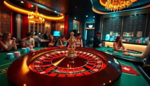 Experience the excitement at Haywin's casino with engaging players and a dazzling roulette wheel.