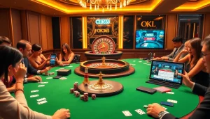 Experience thrilling wagering with OK365 at a luxurious casino table featuring cards and chips.