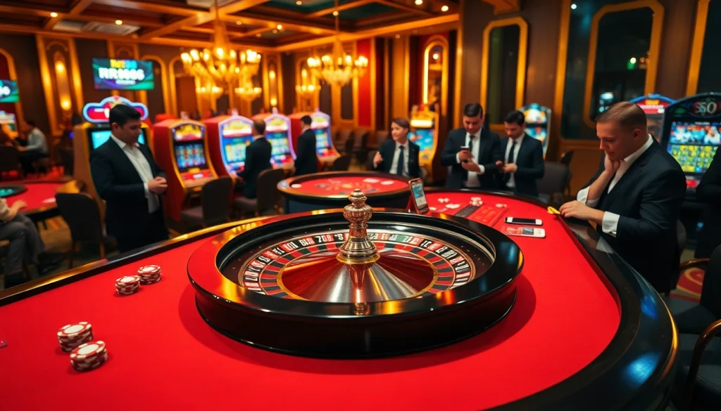 Experience the thrill of betting at RR88 with a luxurious casino scene featuring roulette and slot machines.