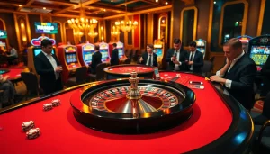 Experience the thrill of betting at RR88 with a luxurious casino scene featuring roulette and slot machines.