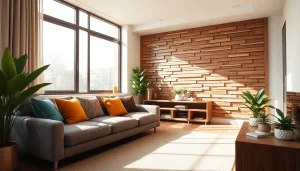 Showcase of wood slats in a modern living room setting with natural light.