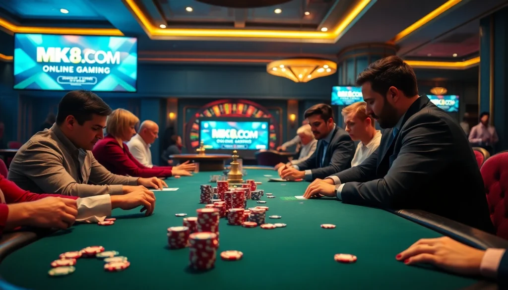 Experience excitement at MK8.COM with a high-stakes poker game featuring dynamic players and colorful chips.