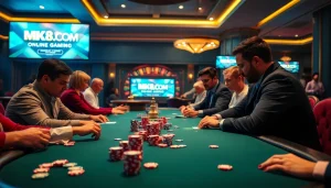 Experience excitement at MK8.COM with a high-stakes poker game featuring dynamic players and colorful chips.