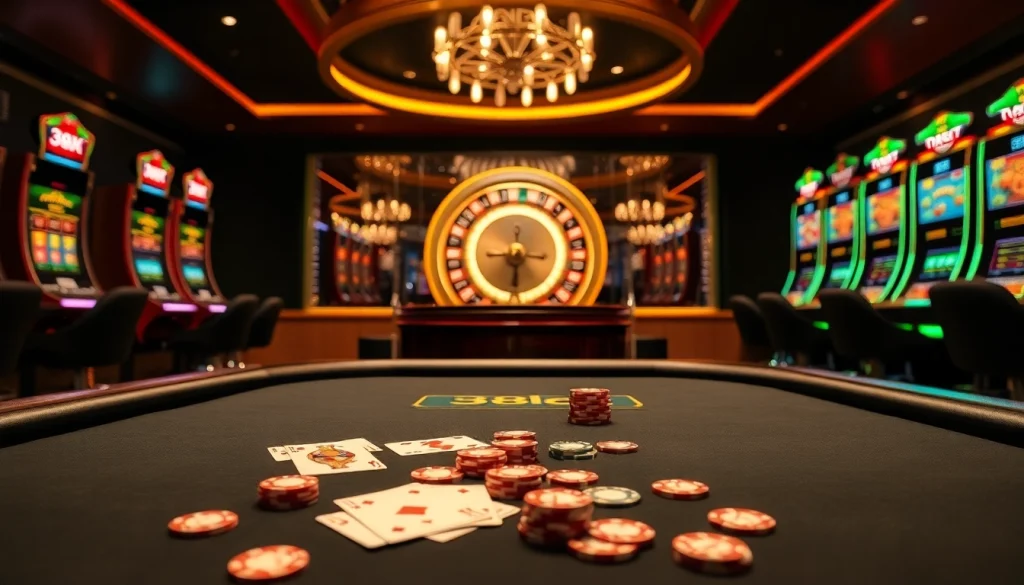 Engaging scene of gamblers placing bets at 388bet's luxurious casino tables.