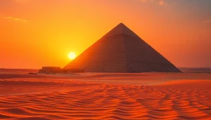 Piraminds of Giza illuminated by sunset, showcasing their ancient grandeur.