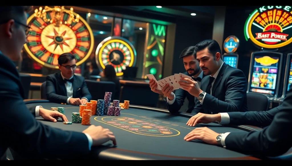 KJC players engaged in high-stakes poker surrounded by colorful chips and vibrant slot machines.