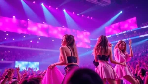 BLACKPINK news update showcasing the band's vibrant live concert performance with fans cheering.