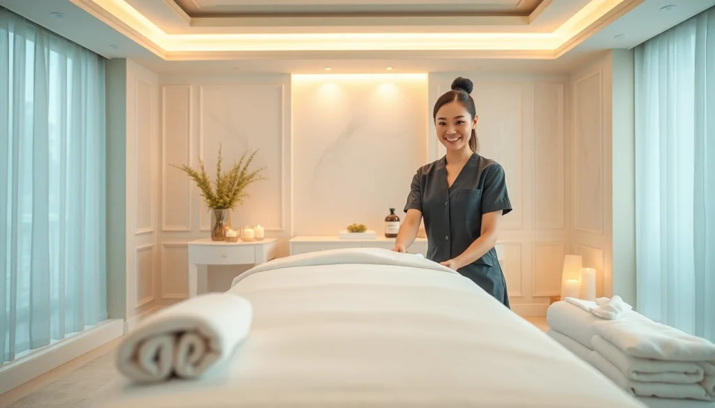 Professional therapist preparing for 출장안마 in a serene massage setting.