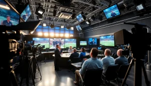 Dynamic professional sports broadcasting setup featuring multiple screens and active broadcasters.