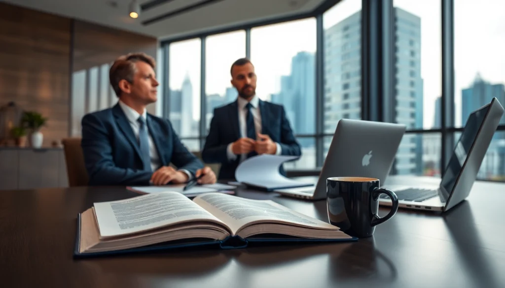 Real estate lawyer consulting with clients in a modern, professional office.