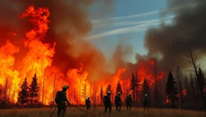 Firefighters battling wildfire events amidst flames and smoke in a forest.