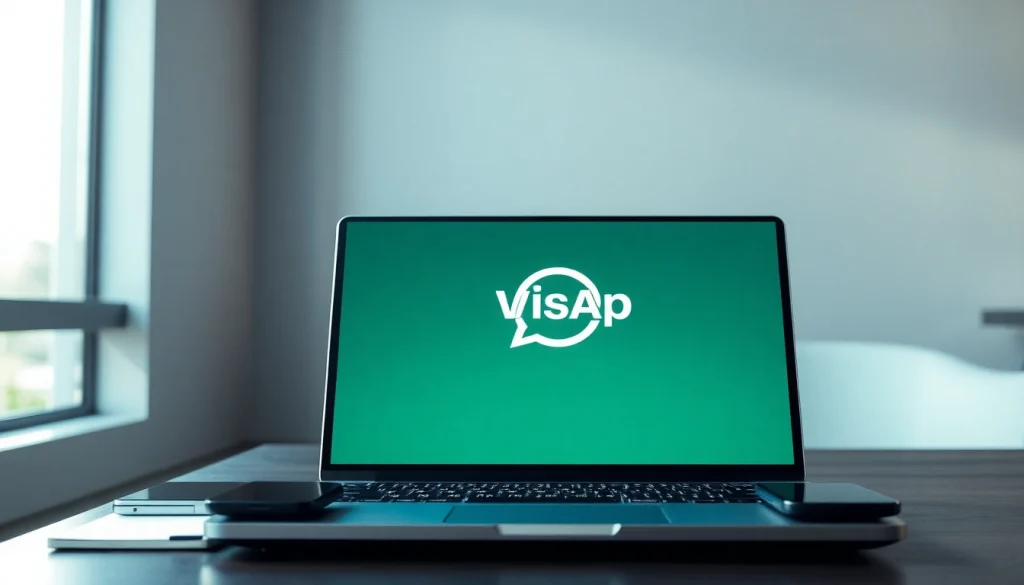 展示 WhatsApp网页版 的工作区场景：笔记本电脑、智能手机与记事本。