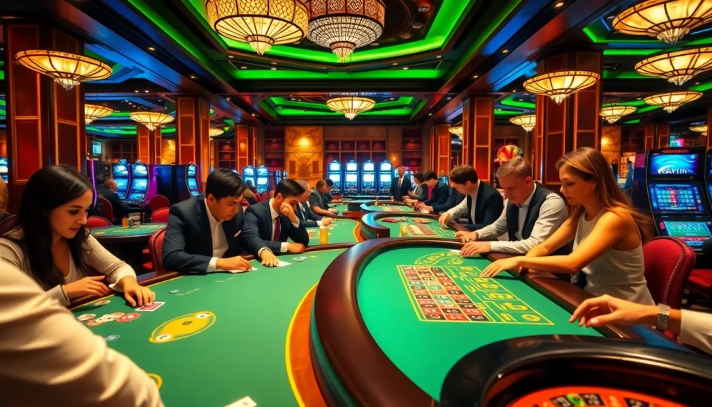 Experience the excitement of casino games at Haywin, featuring poker tables and vibrant slot machines.