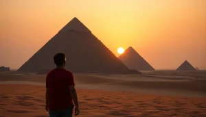Piraminds set against a vibrant sunset, capturing the essence of ancient Egyptian history.