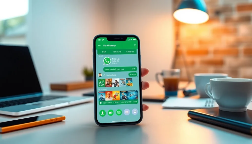 FM WhatsApp download showing a customized smartphone interface with vibrant themes.