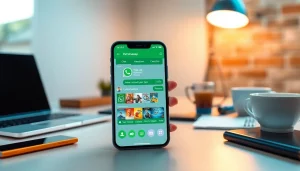 FM WhatsApp download showing a customized smartphone interface with vibrant themes.