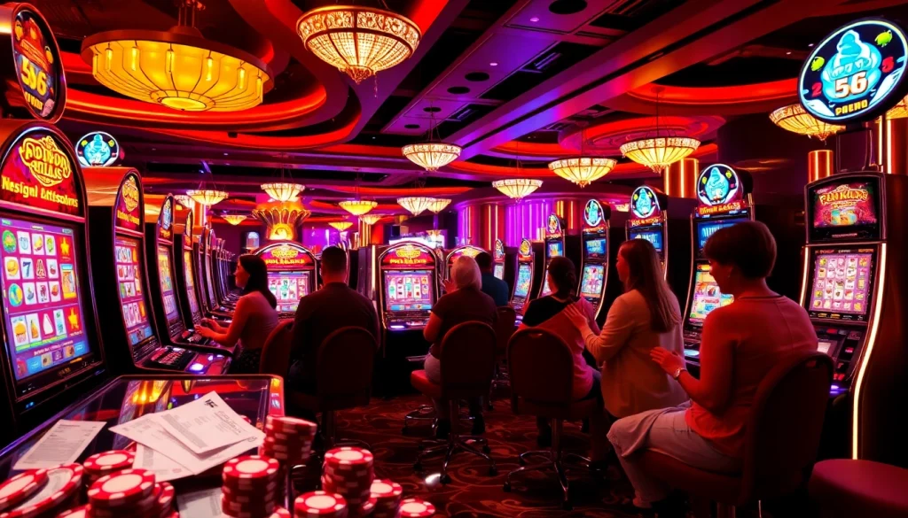 Excited players engaging with a slot depo 5k gaming machine in a luxurious casino setting.