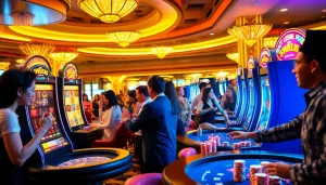 Engaging scene of slot pulsa players enjoying their game in a vibrant casino environment full of excitement.
