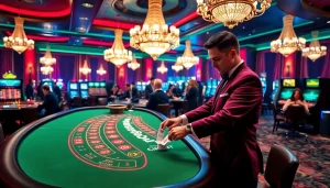 Experience exhilarating sbobet betting at a lavish casino with professional croupiers and vibrant gaming tables.