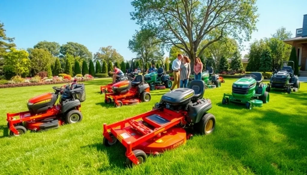 Showcasing zero turn mowers for sale on a sunny lawn with vibrant greenery and a friendly atmosphere.