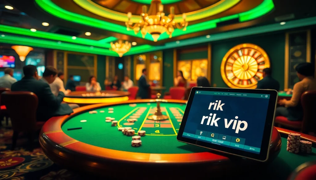 Experience the thrill of rik vip at an elegant casino table surrounded by vibrant poker action.