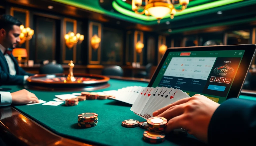High-stakes poker on a luxurious table at https://rr88.navy/, showcasing professional players and poker chips.